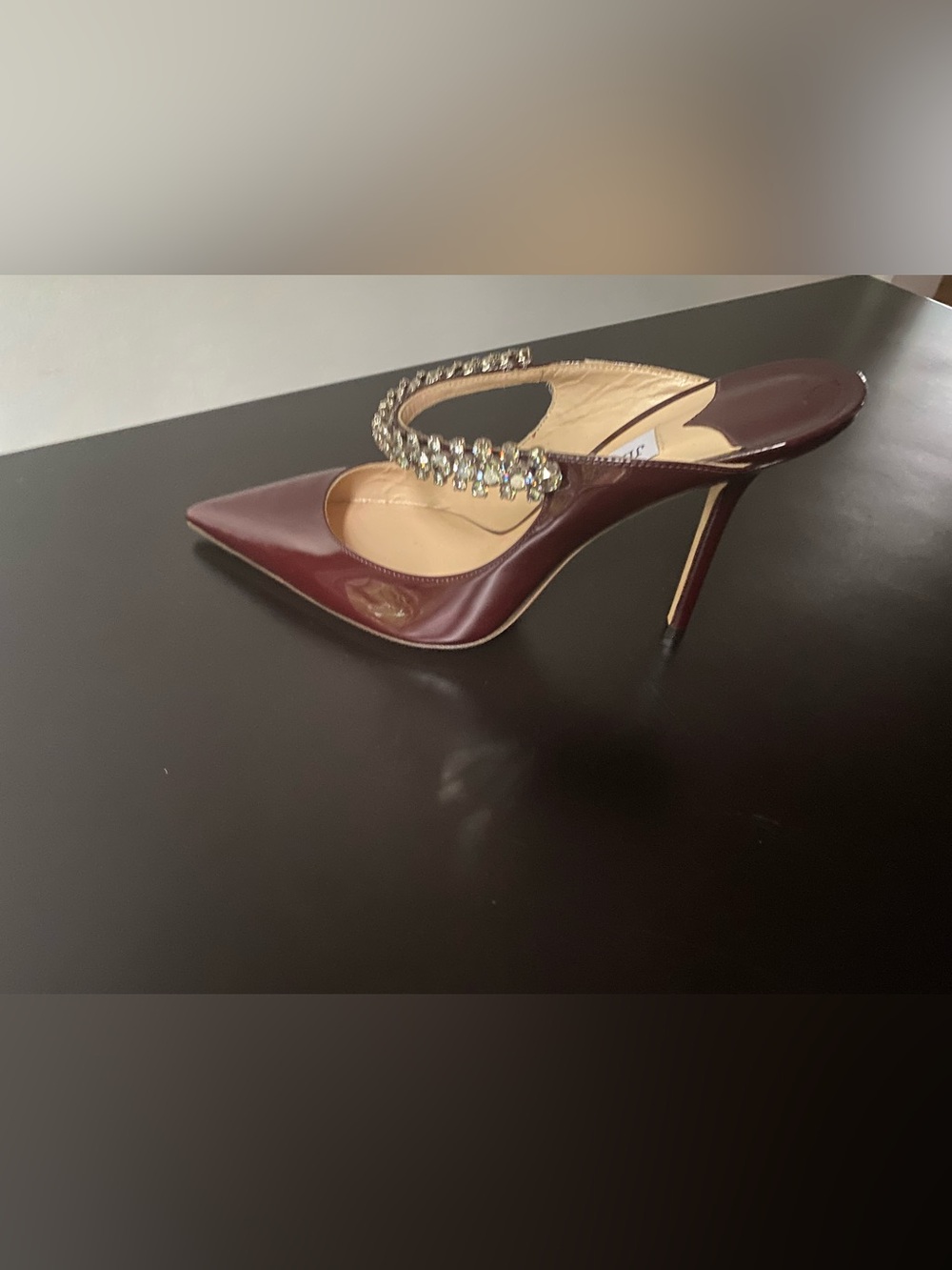 Jimmy Choo Bordeaux (Burgundy) Patent Crystal-Embellished Bing Heels - Picture 5 of 10